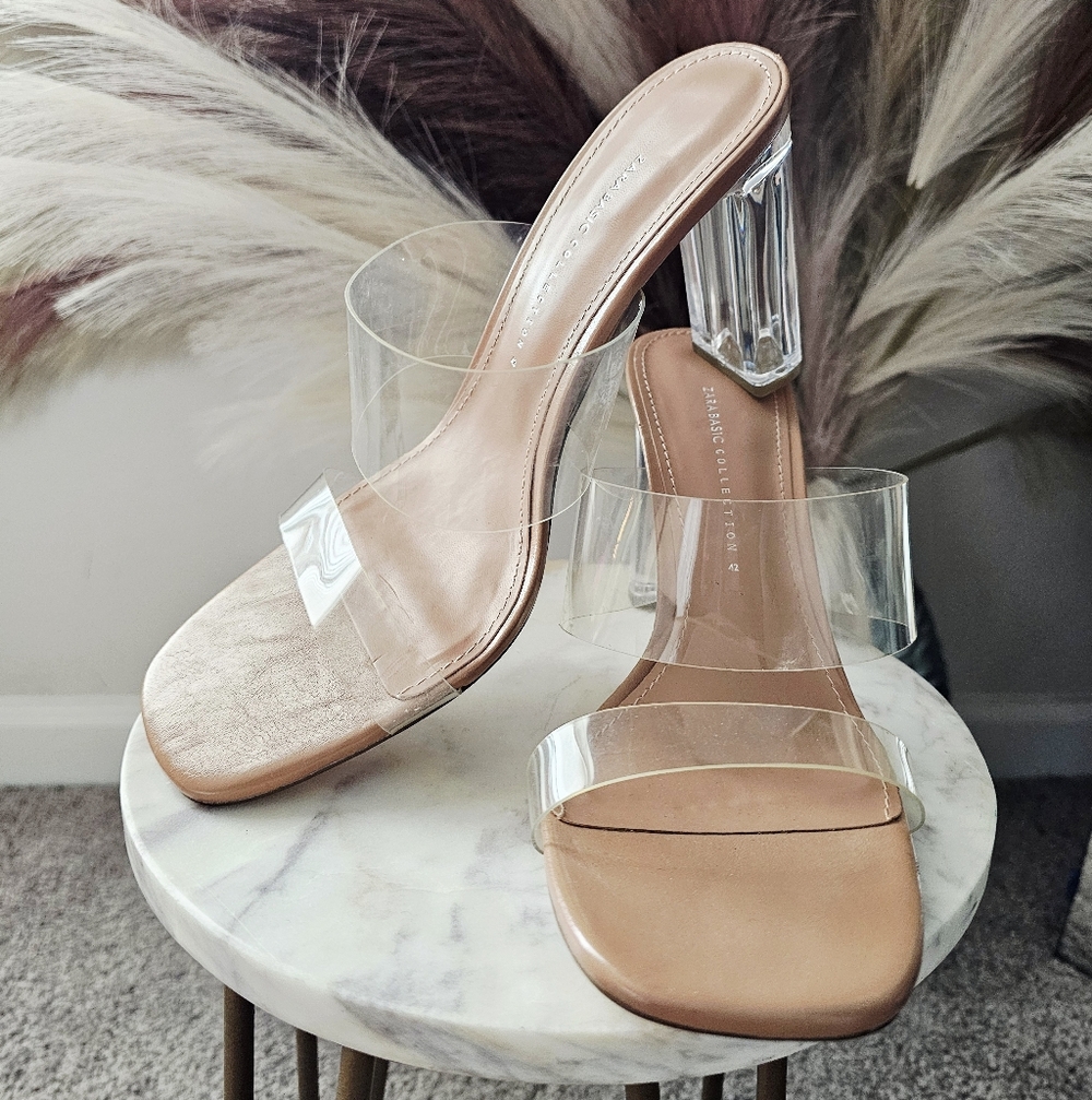 Zara Clear Strap Heels Women’s 11 Nude Block Heel Transparent Minimalist